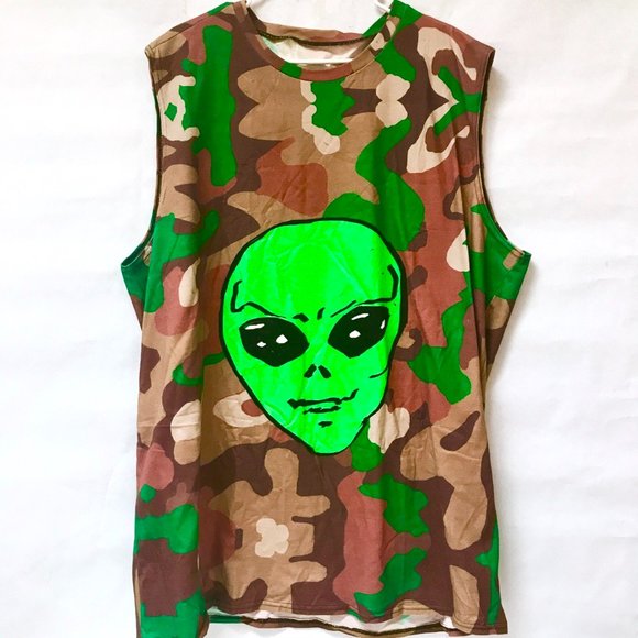 Conceptual Subculture Other - Alien Camouflage Tank Top Shirt 100% Cotton Handmade Camo Sleeveless Green Skate